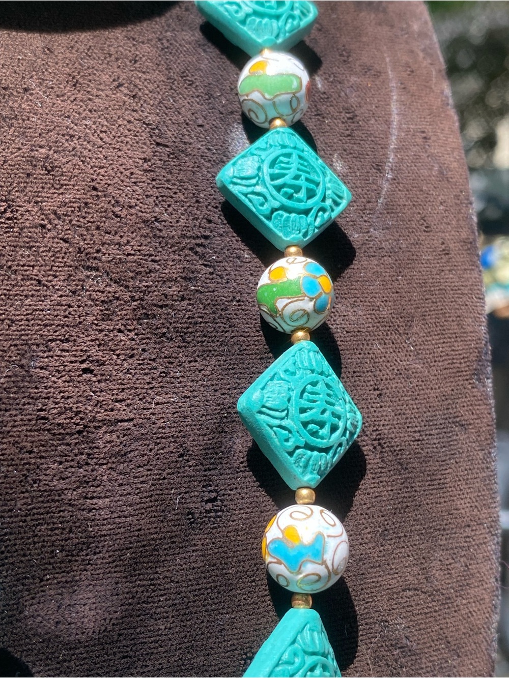 Handcrafted Carved Turquoise f Cinnabar Dragon Pendant, Shou, Cloisonné Necklace - Picture 6 of 15